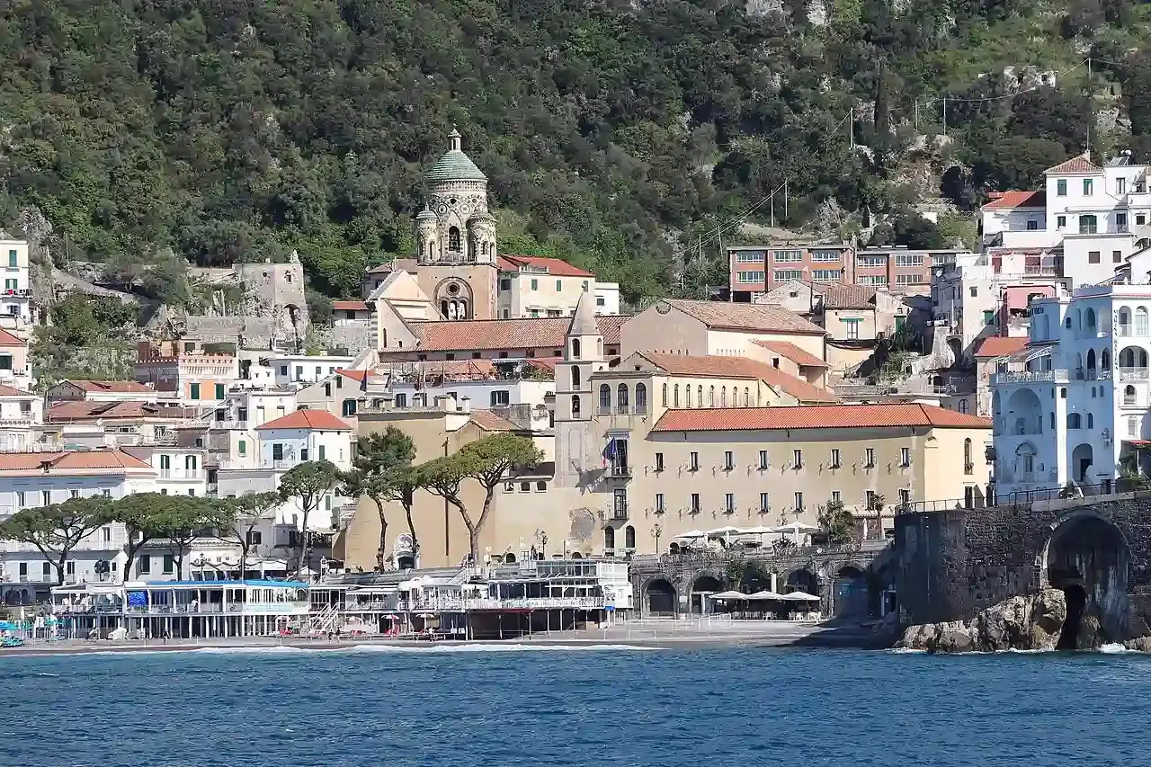 The town of Amalfi rising up the cliffs above the Mediterranean